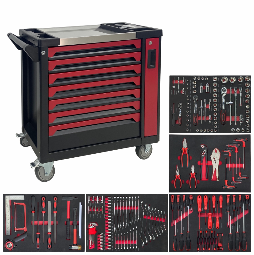 Tool Chest Cabinet - 頑丈なローリングツールチェスト、201個のメカニックツールセット付き、5段モバイルワークショップサービスカート（ガレージ＆自動車修理用）