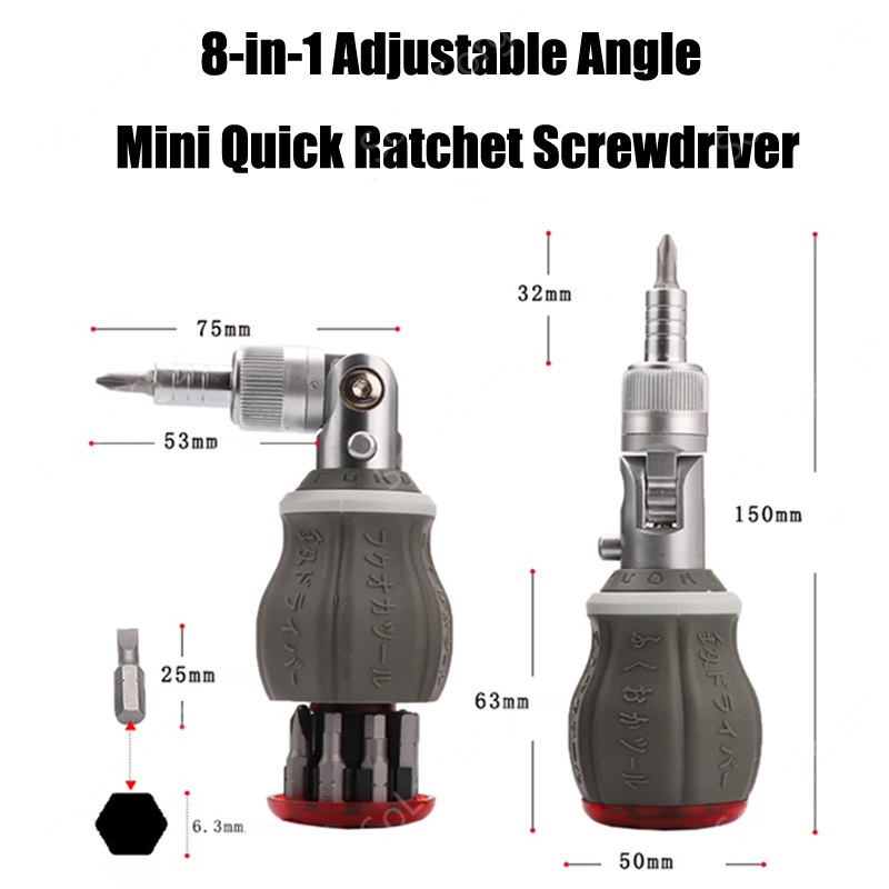Mini Workshop Tools - プロ仕様 FO-9006M ミニラチェットマルチアングルスクリュードライバーセット、8個のS2ビット付き、バイク工場やガレージ用