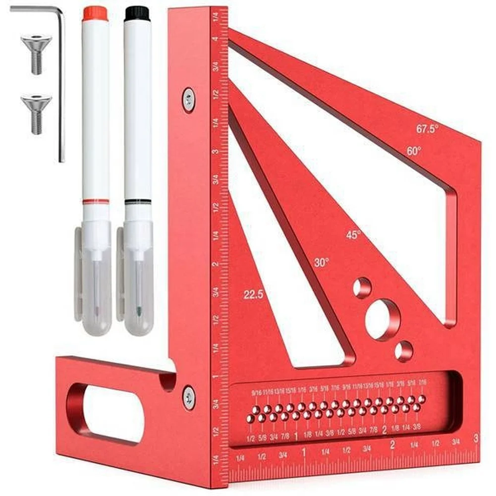 Workshop Layout Tools - 赤色3D多角度測定定規、ワークショップレイアウトマーキング用、22.5、30、45、60、67.5、90度、CNC彫刻工具
