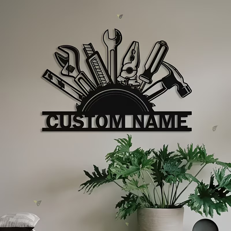 Workshop Tools With Name - カスタムメタルツールウォールアート - パーソナライズされたワークショップ名サイン、ツールのシルエット付き耐久性のあるメタル製ホームデコレーション、ホームオフィス用
